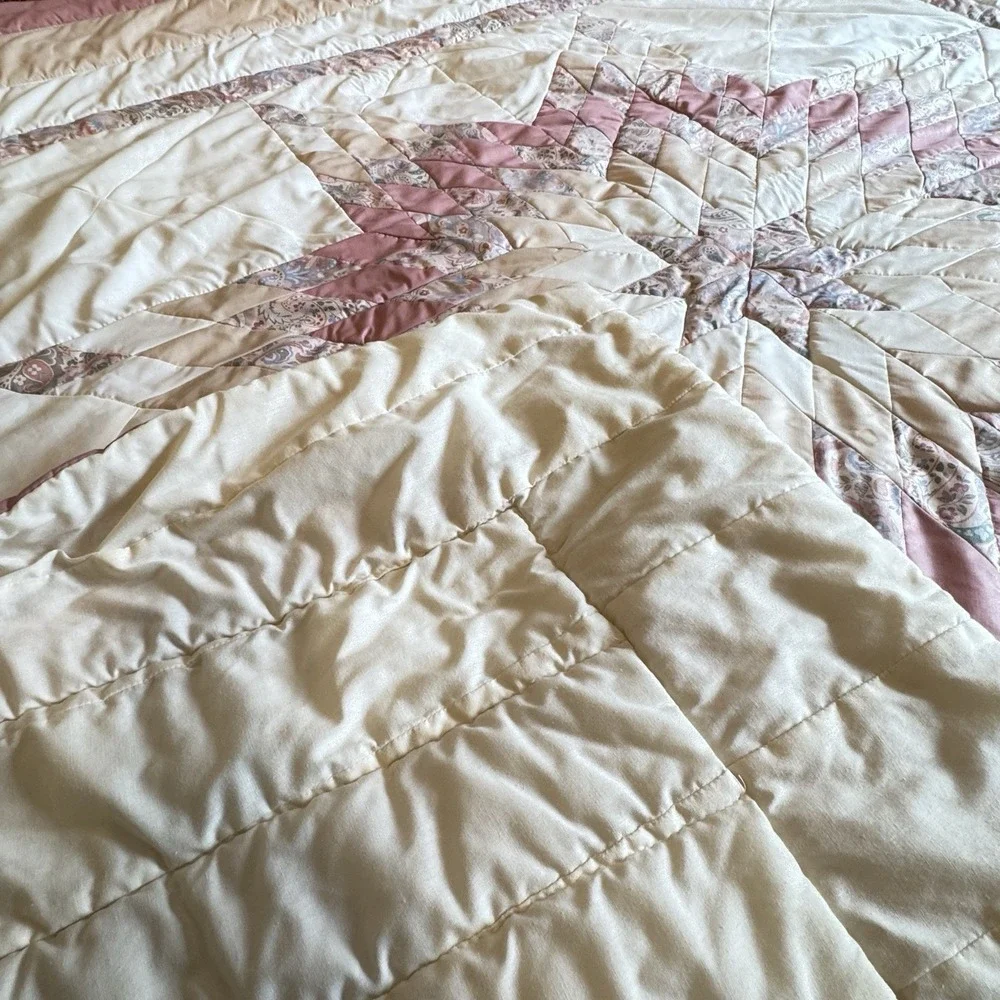 Handmade‎ Vintage Pink White Star Quilt Blanket Thick 110x96